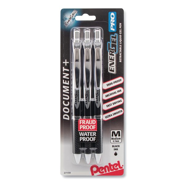Pentel EnerGel PRO Retractable Gel Pen, Medium 0.7mm, Black Ink/Barrel, PK3 BLP77BP3A